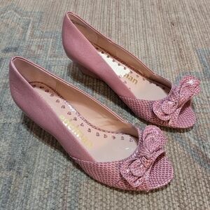 Libby Edelman Pink Bow Wedge Heels L-Flynn Patent Leather Snake Print